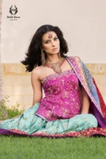 Magenta Pink & Aqua Mint Strapless Lehenga Set - Image 2