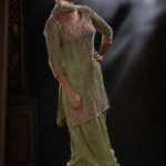 Pistachio Olive Green Embroidered Kurti & Dhoti Set
