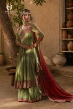 Olive Green & Crimson Red Bridal Anarkali Set