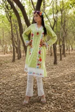 Pistachio Green Floral Chikankari Kurti & Pants Set