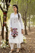 White Vase Embroidered Chikankari Kurti & Pants Set