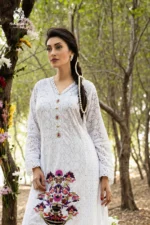 White Vase Embroidered Chikankari Kurti & Pants Set - Image 2