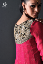 Formal Magenta Pink Kalidar Anarkali Frock with Gold Churidar - Image 2