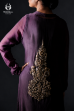 Formal Deep Purple Draped Cowl Shirt with Metallic Silver Trousers - Image 2