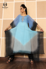 Formal Ombré Sky Blue & Grey Embroidered Chiffon Kaftan - Image 2