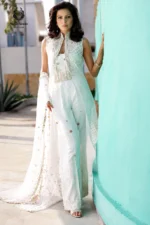 Formal Pristine White Embroidered Jacket & Wide-Leg Trouser Set