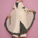 Formal Ivory Sheer Cape Outerwear with Black Lace Appliqué & Straight Trousers