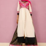 Formal Off-White & Hot Pink Embroidered Gown with Black Sharara