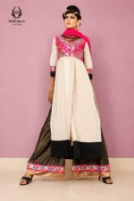 Formal Off-White & Hot Pink Embroidered Gown with Black Sharara