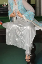 Formal Silver Sequin Metallic Dress with Grey & Turquoise Jacket - Image 2