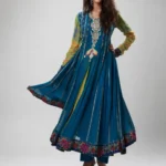 Formal Peacock Blue Kalidar Anarkali Frock with Lime Green Sleeves