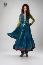 Formal Peacock Blue Kalidar Anarkali Frock with Lime Green Sleeves