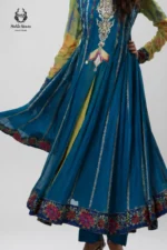 Formal Peacock Blue Kalidar Anarkali Frock with Lime Green Sleeves - Image 2