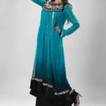 Formal Ombre Teal Blue & Black Silver Embroidered Kalidar Frock