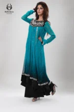 Formal Ombre Teal Blue & Black Silver Embroidered Kalidar Frock