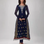 Formal Royal Blue Gold Embroidered Long Frock with Trousers