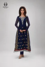 Formal Royal Blue Gold Embroidered Long Frock with Trousers