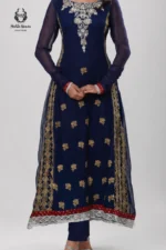 Formal Royal Blue Gold Embroidered Long Frock with Trousers - Image 2