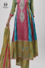 Formal Multi-Color Chunri Printed Anarkali Frock with Olive Trousers - Image 2
