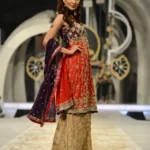 Formal Coral Red & Deep Purple Gold Embroidered Anarkali with Jamawar Sharara