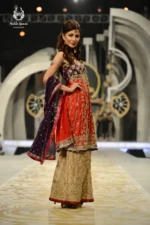 Formal Coral Red & Deep Purple Gold Embroidered Anarkali with Jamawar Sharara