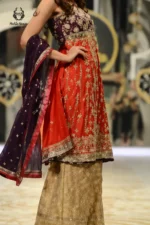 Formal Coral Red & Deep Purple Gold Embroidered Anarkali with Jamawar Sharara - Image 2