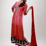 Formal Ombre Pink & Red Sequin Front-Open Long Gown with Navy Velvet Border