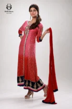 Formal Ombre Pink & Red Sequin Front-Open Long Gown with Navy Velvet Border