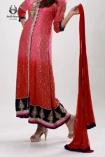 Formal Ombre Pink & Red Sequin Front-Open Long Gown with Navy Velvet Border - Image 2