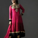 Formal Magenta Pink Kalidar Anarkali Frock with Gold Churidar