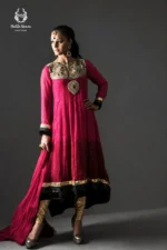 Formal Magenta Pink Kalidar Anarkali Frock with Gold Churidar
