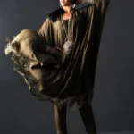 Formal Olive Green Embroidered Kaftan Top with Silk Trousers