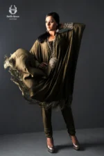 Formal Olive Green Embroidered Kaftan Top with Silk Trousers
