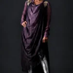 Formal Deep Purple Draped Cowl Shirt with Metallic Silver Trousers