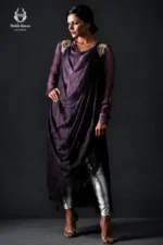 Formal Deep Purple Draped Cowl Shirt with Metallic Silver Trousers
