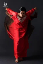 Formal Vibrant Red Ombre Embellished Kaftan Top with Silk Trousers