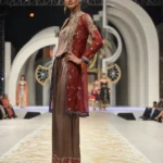Formal Rust Red Open Jacket with Mocha Brown Draped Silk Palazzo Jumpsuit