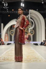 Formal Rust Red Open Jacket with Mocha Brown Draped Silk Palazzo Jumpsuit
