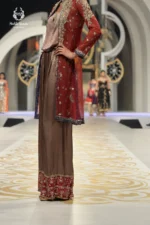 Formal Rust Red Open Jacket with Mocha Brown Draped Silk Palazzo Jumpsuit - Image 2