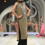 Formal Antique Gold Jamawar Sleeveless Long Shirt with Black Embroidered Palazzo Pants