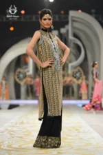 Formal Antique Gold Jamawar Sleeveless Long Shirt with Black Embroidered Palazzo Pants