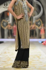 Formal Antique Gold Jamawar Sleeveless Long Shirt with Black Embroidered Palazzo Pants - Image 2