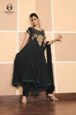 Formal Jet Black Gold Embroidered Chiffon Anarkali Dress