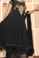 Formal Jet Black Gold Embroidered Chiffon Anarkali Dress - Image 2