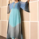 Formal Ombré Sky Blue & Grey Embroidered Chiffon Kaftan