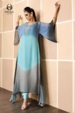 Formal Ombré Sky Blue & Grey Embroidered Chiffon Kaftan