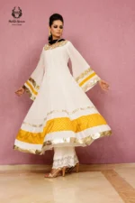 Formal Off-White & Yellow Embroidered Chiffon Anarkali Frock