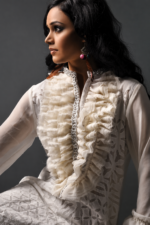 Gul Mahal Off-White Ruffled Chikankari Kurti & Metallic Pants Set - Image 2