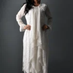 Gul Mahal Off-White Draped Chikankari Kurti & Fitted Pants Set