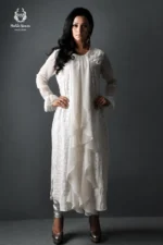 Gul Mahal Off-White Draped Chikankari Kurti & Fitted Pants Set